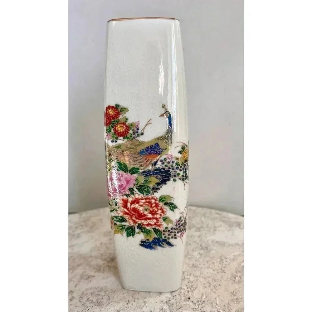 Satsuma Cream‎ Vintage Japanese Peacock Yamahiro Toen Crackle Glass Tapered Vase